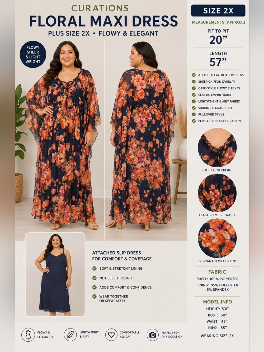 Curations 2X Floral Maxi Dress Overlay Cape Sleeve Blue Orange